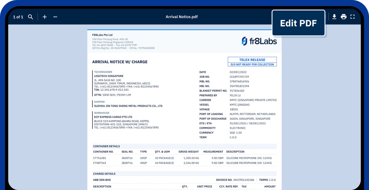 Arrival Notice PDF preview with an Edit PDF action — adjust the rendered document without touching the master template