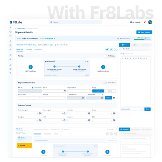 One-screen solution of Fr8labs software, simplifying multiple freight forwarding tasks.
